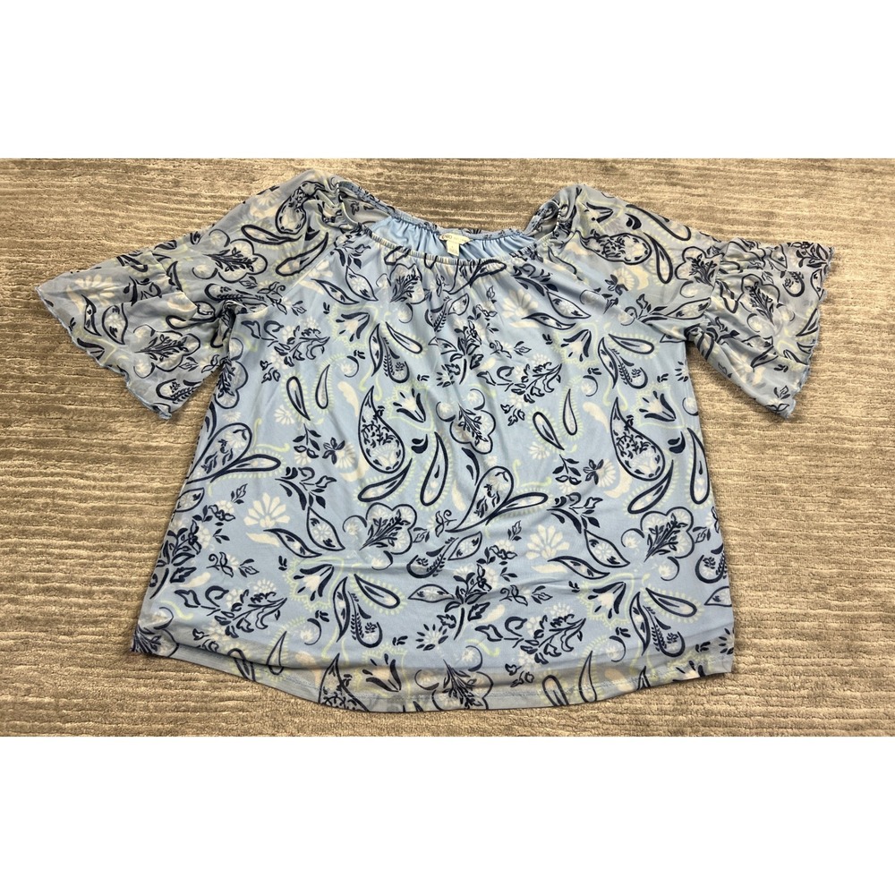 Cato Top Womens L Blue Paisley Floral Mesh Ruffle Bell Sleeve Boho Blouse